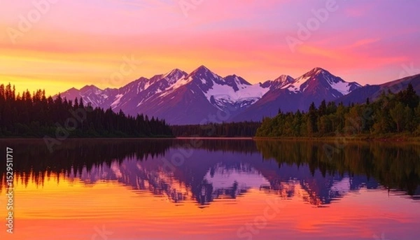 Fototapeta A serene lake reflects snow-capped mountains and colorful sunset skies, framed by dense green forests.