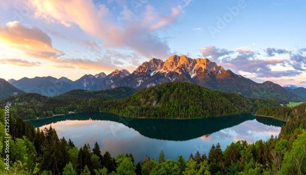 Fototapeta A serene mountain landscape at sunset with a reflective lake surrounded by lush green forests.