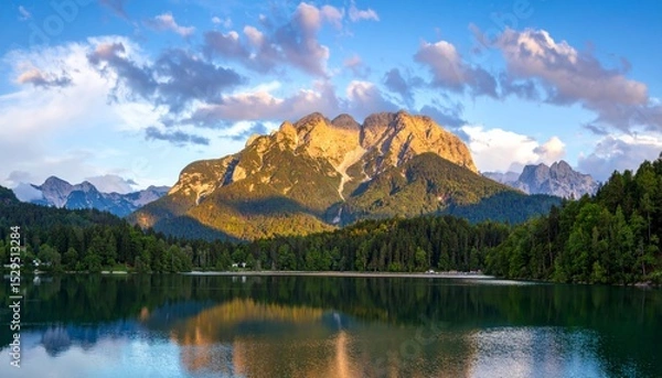 Fototapeta A serene mountain landscape with golden sunlight, lush forests, and calm lake reflections under a partly cloudy blue sky.