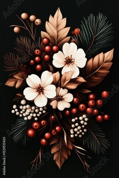 Fototapeta Elegant seamless pattern with pink and white flowers, ripe berries, contrasting against the black background