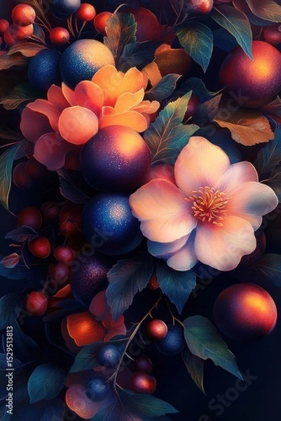 Fototapeta Beautiful blend of ripe berries and vibrant roses in a dark, perfectly lit palette