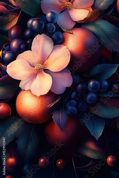 Fototapeta Beautiful blend of ripe berries and vibrant roses in a dark, perfectly lit palette
