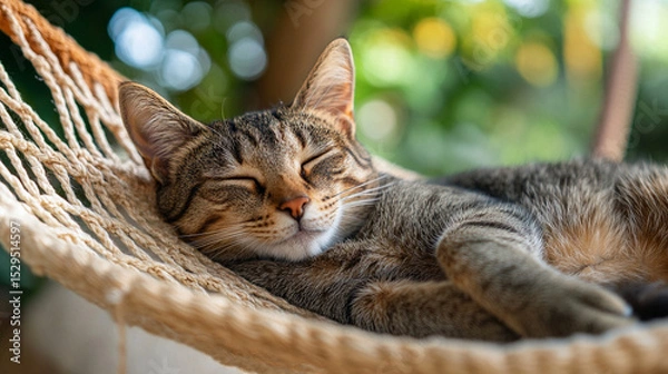 Fototapeta A sun‑lit tabby cat curls in a rope hammock, soft purrs drifting on a warm summer breeze as she naps in peaceful, lazy bliss.
