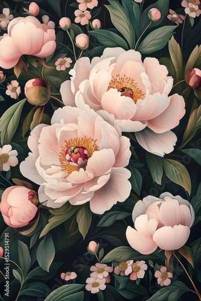 Fototapeta Elegant seamless pattern with pink and white peonies, contrasting against the black background