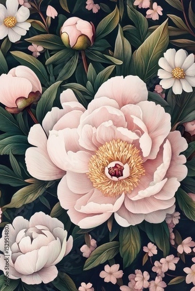 Fototapeta Elegant seamless pattern with pink and white peonies, contrasting against the black background