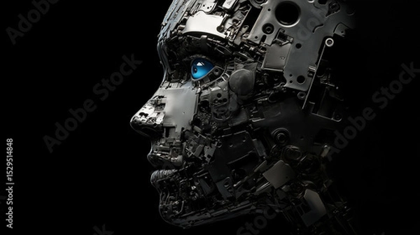 Fototapeta A woman's face is shown in a black background with blue eyes. The face is made of metal and has a robotic appearance. Concept of futuristic technology and a futuristic, mechanical look