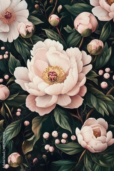Fototapeta Elegant seamless pattern with pink and white peonies, contrasting against the black background