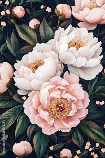 Fototapeta Elegant seamless pattern with pink and white peonies, contrasting against the black background