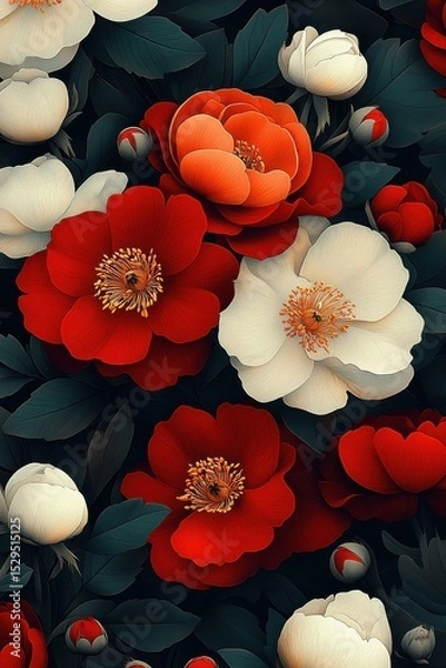 Fototapeta Elegant seamless pattern with red roses and peonies, vibrant colors contrasting against the black background