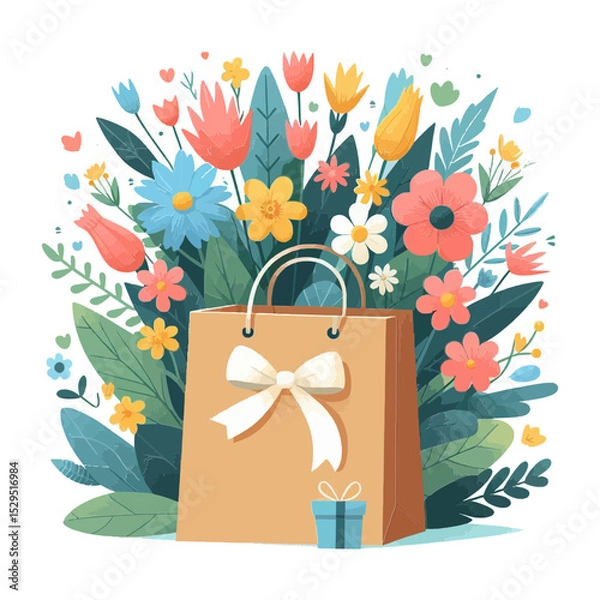 Fototapeta festive brown gift bag with a white bow, surrounded by a vibrant bouquet of colorful flowers and a small present. Ideal for websites and blogs related to gifts, celebrations, holidays, shopping