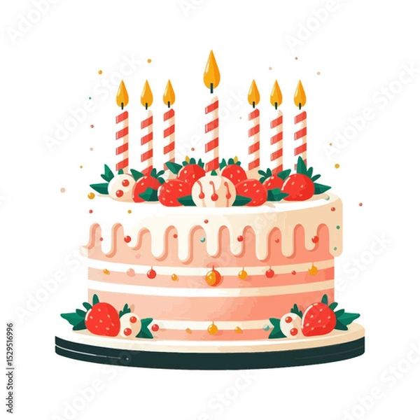 Fototapeta festive birthday cake, adorned with lit candles, strawberries, and sprinkles. Perfect for websites and blogs celebrating birthdays, parties, special occasions, desserts, bakeries, and events.