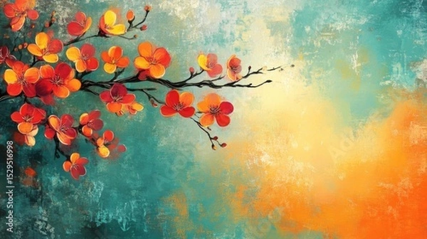 Obraz Orange And Red Blossoms On Branch Teal Background Painting