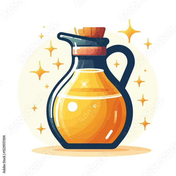 Fototapeta stylized jug of golden liquid, likely oil or honey, with a cork stopper and subtle sparkling accents. This image is perfect for food blogs, recipe websites, health and wellness sites, and culinary 