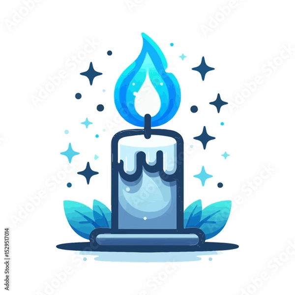 Fototapeta A stylized blue candle with a flickering flame, surrounded by sparkling elements and leaves. Ideal for websites and blogs related to magic, spirituality, or tranquility.