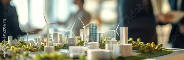Fototapeta Team Meeting on Renewable Energy and Sustainable City Models with Wind Turbine Concepts