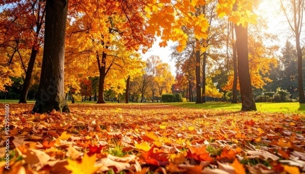 Fototapeta A sunlit park blanketed in vibrant orange and yellow autumn leaves with tall trees and a peaceful, bright atmosphere.