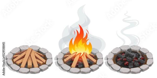 Obraz Isometric crackling campfire with glowing embers, flickering flames dancing around arranged logs, casting warm light and gentle smoke into the night air, evoking coziness and outdoor adventure.