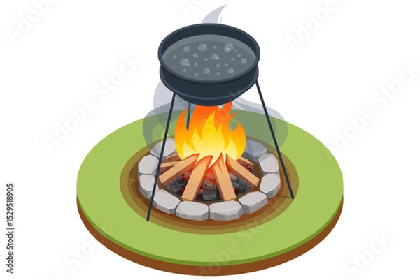 Obraz Isometric crackling campfire with glowing embers, flickering flames dancing around arranged logs, casting warm light and gentle smoke into the night air, evoking coziness and outdoor adventure.