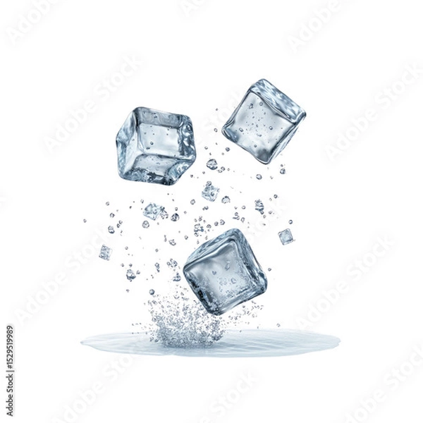 Fototapeta Crystal Clear Ice Cubes Falling and Splashing on a Surface