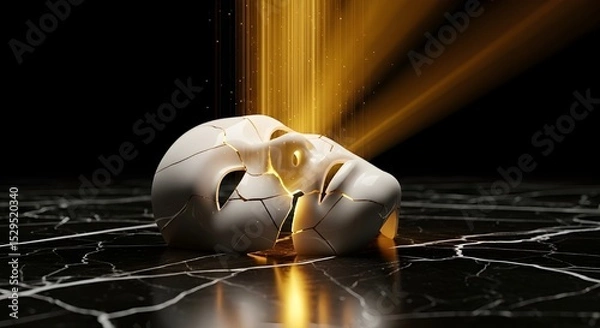 Obraz Cracked Mask with Golden Light – Surreal 3D Concept of Hidden Identity