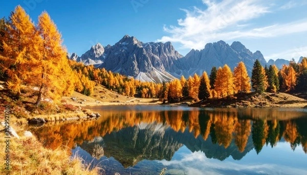 Fototapeta A serene mountain lake reflects golden autumn trees under a bright blue sky with rugged peaks in the background.
