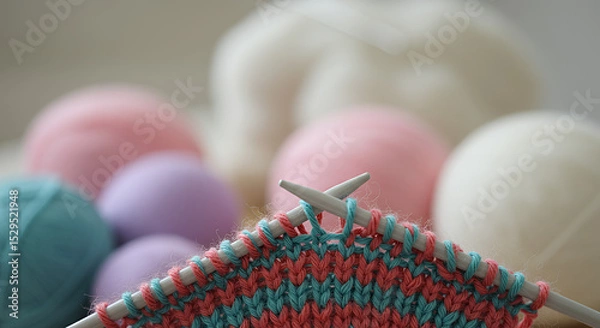Fototapeta Colorful yarn loops on children's knitting needles surrounded by soft wool in a playful setting
