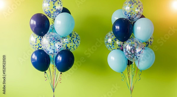Fototapeta Playful party scene featuring helium balloons in navy, light blue, and transparent styles with confetti on a vivid lime green backdrop