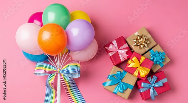 Fototapeta Birthday party detail featuring a balloon bouquet tied with a striped ribbon next to wrapped gifts on a bold pink background