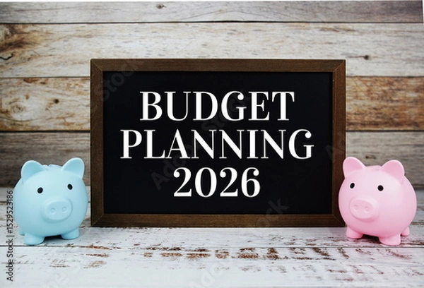 Fototapeta Budget Planning 2026 typography text message with piggy saving on wooden background