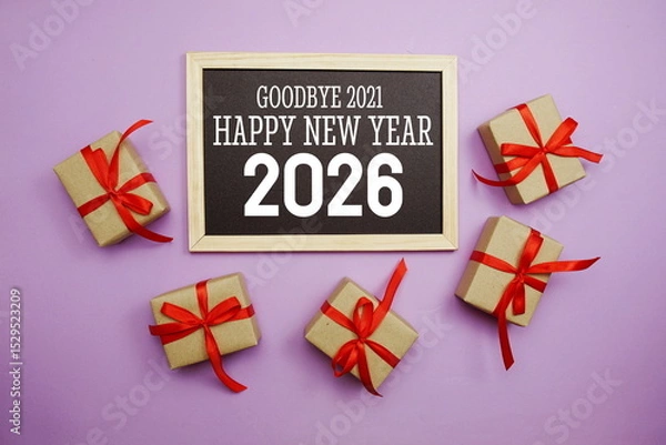 Fototapeta Happy New Year 2026 typography text with gift box on purple background