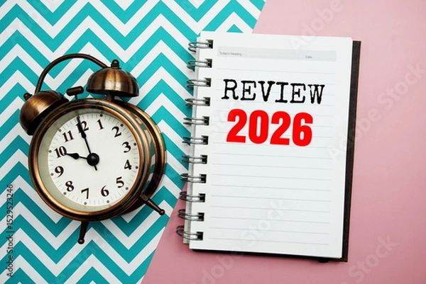 Fototapeta Review 2026 text on paper notebook with alarm clock top view on pink background