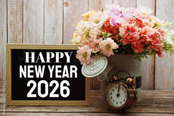 Fototapeta Happy New Year 2026 typography text on blackboard with alarm clock and flower in watering vase