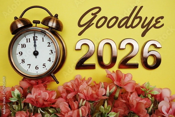Fototapeta Goodbye 2026 text with alarmclock and flower decoration on yellow background