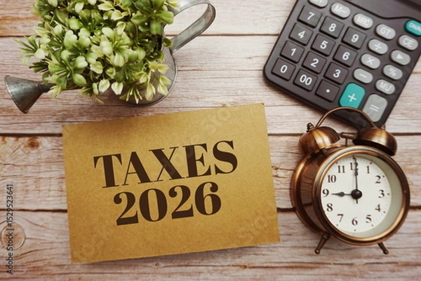 Fototapeta Taxes 2026 typography text with calculator on wooden background