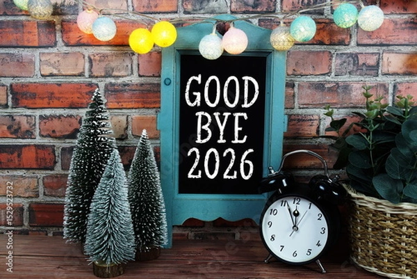 Fototapeta Goodbye 2026 text on blackboard easel stand with alarm clock on wooden and old brick wall background