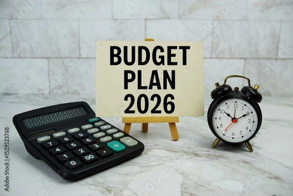 Fototapeta Budget plan 2026 text written on paper card with calculator and alarm clock on marble background