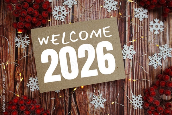 Fototapeta Happy New Year 2026 text on paper craft with LED and