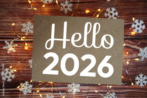 Fototapeta Happy New Year 2026 text on paper craft with LED and