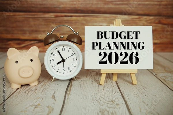Fototapeta Budget Planning 2026 text message with alarm clock and piggy saving on wooden background
