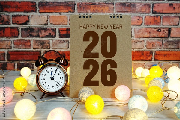 Fototapeta Happy New Year 2026 text message with alarm clock and LED cotton balls decoration