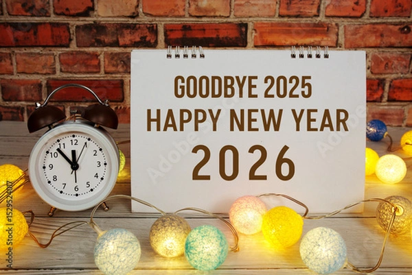 Fototapeta Happy New Year 2026 text message with alarm clock and LED cotton balls decoration