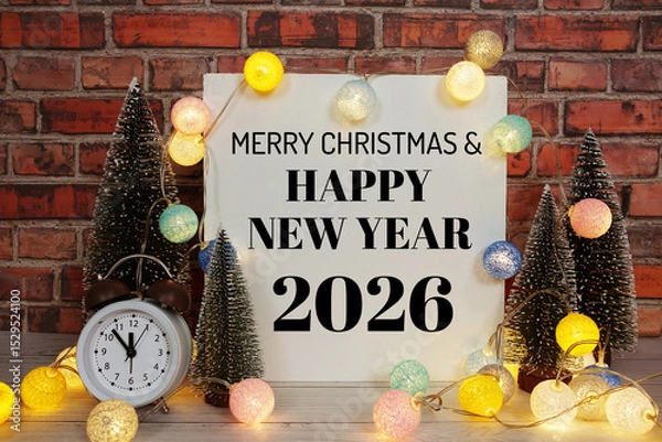Fototapeta Happy New Year 2026 text message with alarm clock and LED cotton balls decoration