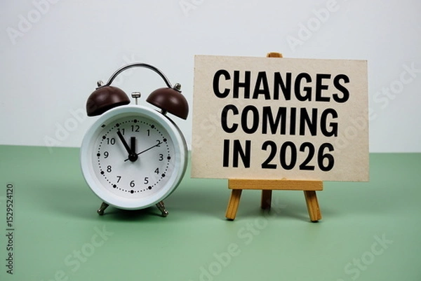 Fototapeta Changes coming in 2026 text on paper card with alarm clock on green background