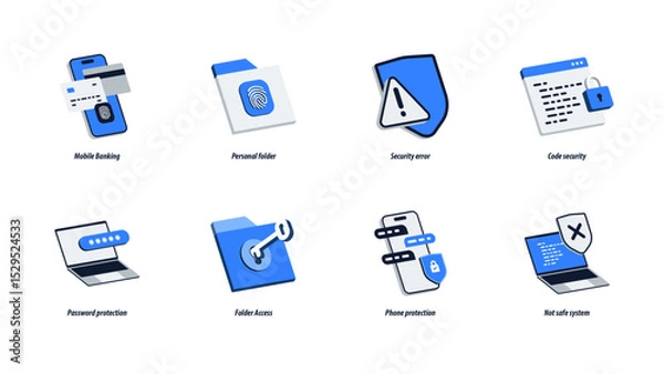Obraz Isometric Cybersecurity and Data Protection Icon Set. Password, Folder, Mobile Security, Code and System Safety. Editable Vector for App, Web, Infographics and Animation.
