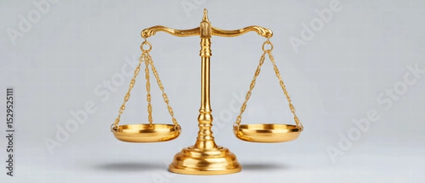 Fototapeta Golden balance scale symbolizes justice and fairness, often used in legal contexts. This elegant piece features two bowls suspended by chains, representing weighing of evidence and moral decisions
