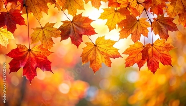Fototapeta Vibrant autumn maple leaves showcasing warm hues of red, orange, and yellow against a soft, glowing bokeh background.
