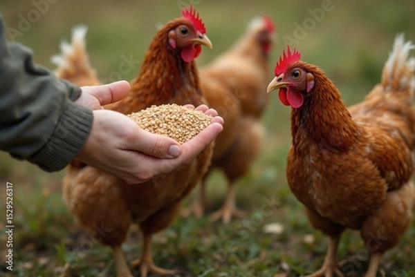 Obraz Free-range chickens on organic farm,Happy brown hens feeding on grass in a backyard farm environment with natural fencing