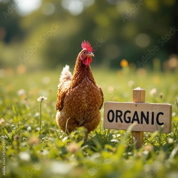Obraz Free-range chickens on organic farm,Happy brown hens feeding on grass in a backyard farm environment with natural fencing