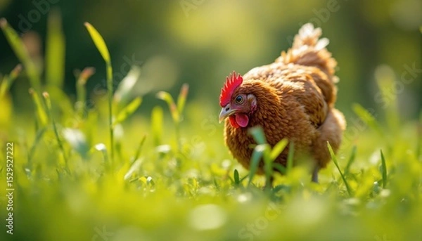 Obraz Free-range chickens on organic farm,Happy brown hens feeding on grass in a backyard farm environment with natural fencing