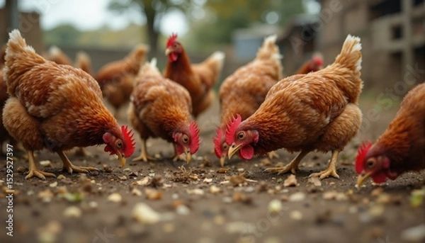 Obraz Free-range chickens on organic farm,Happy brown hens feeding on grass in a backyard farm environment with natural fencing